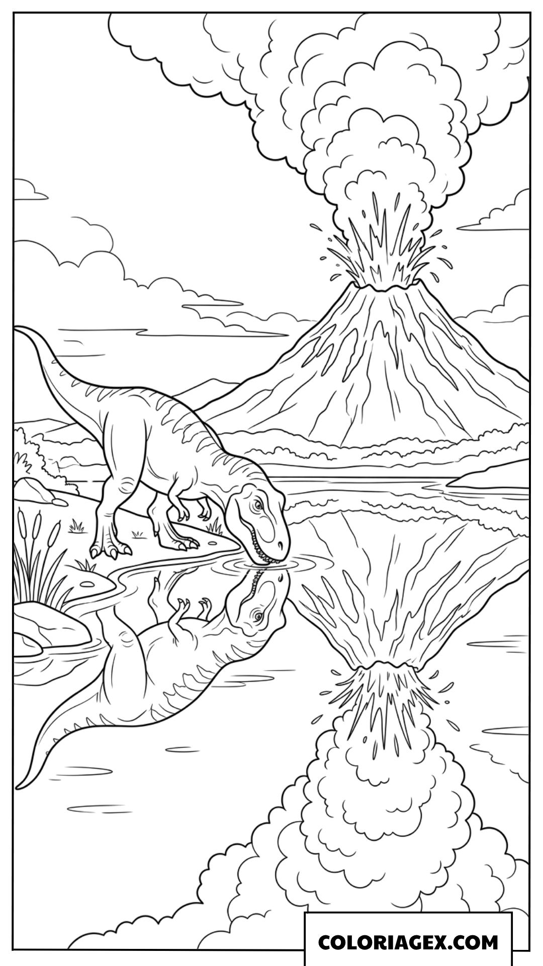 Coloriage T Rex buvant de l eau avec reflet du volcan
