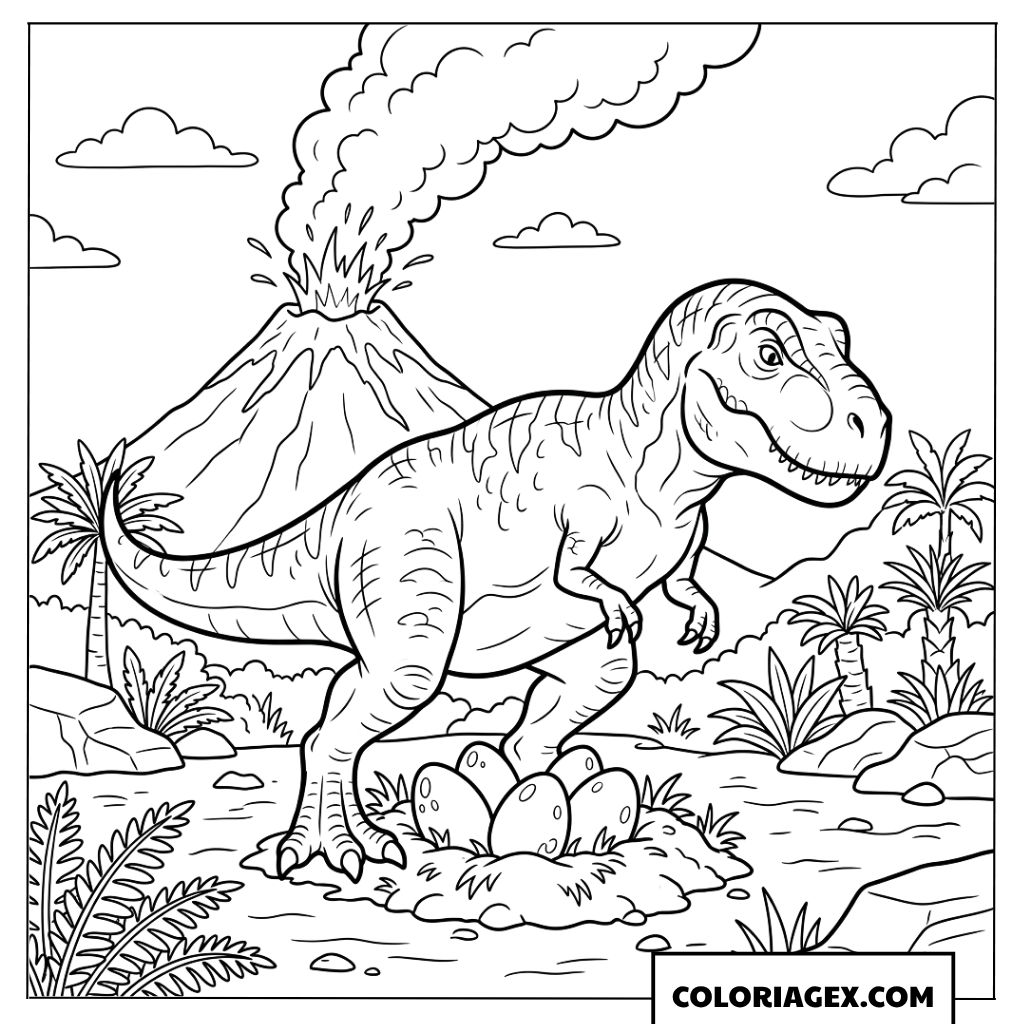 Coloriage T Rex protégeant ses oeufs près du volcan