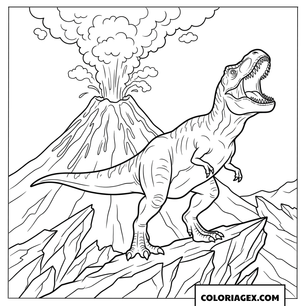 Coloriage T Rex rugissant sur une falaise et volcan