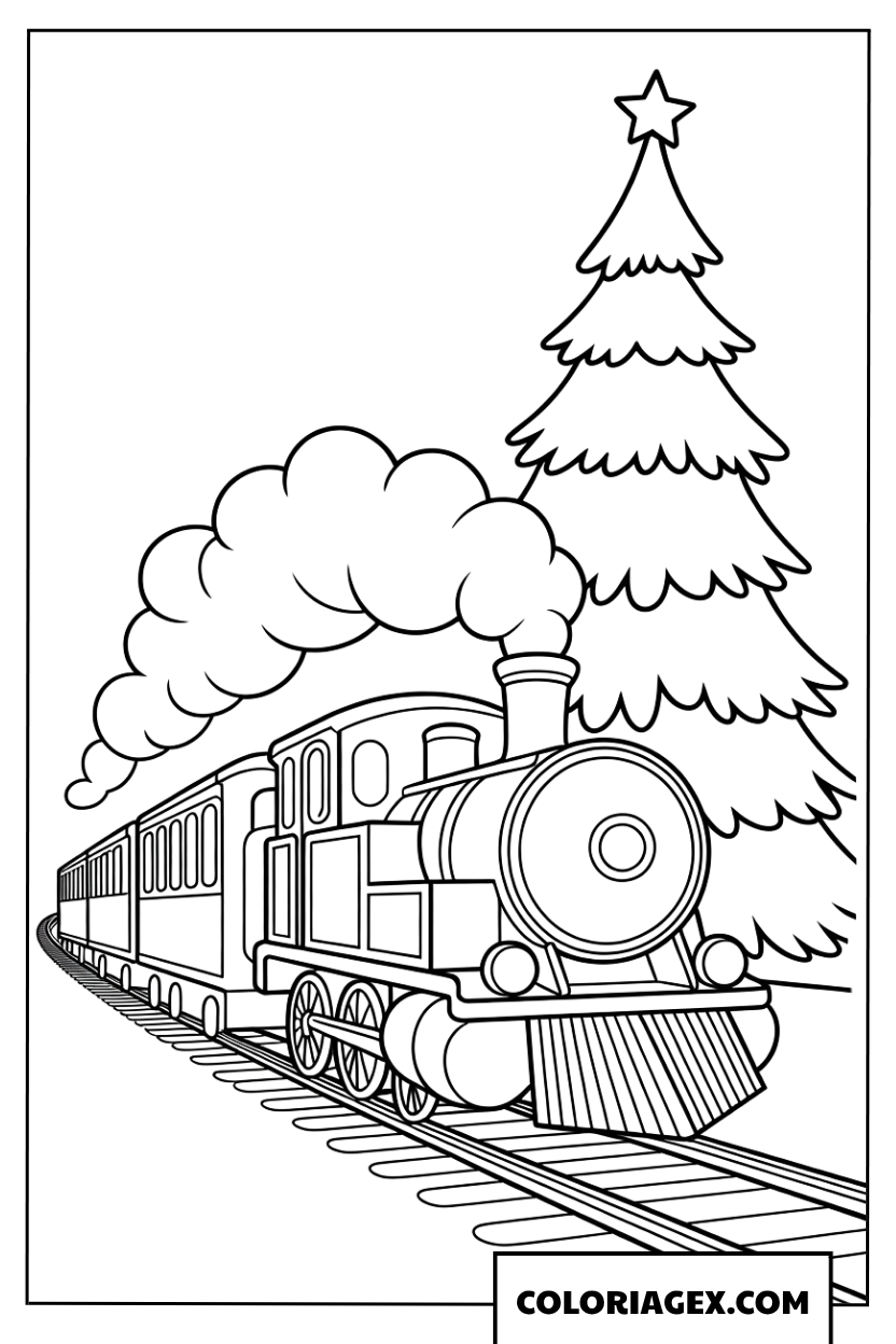 Coloriage Train à vapeur classique et sapin de Noël magique