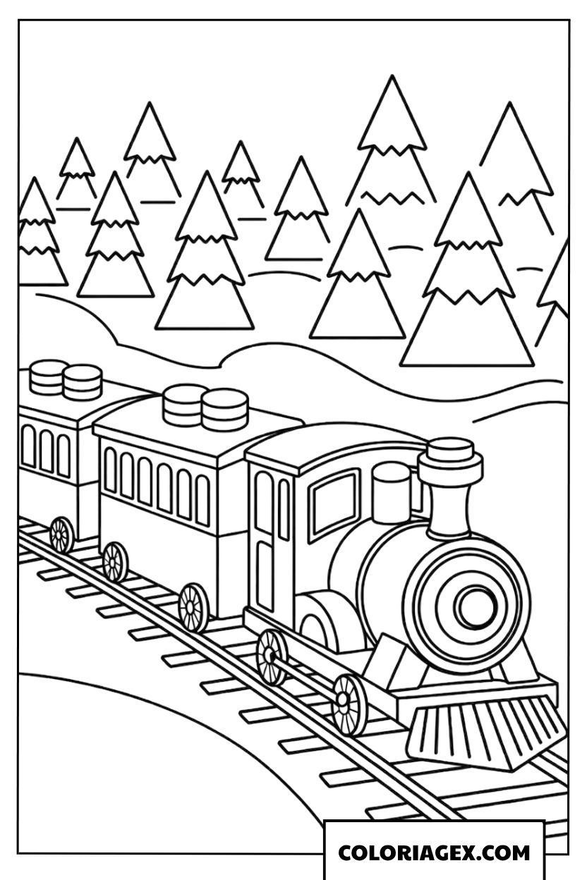 Coloriage Train de Noël voyageant à travers une forêt de sapins enneigés