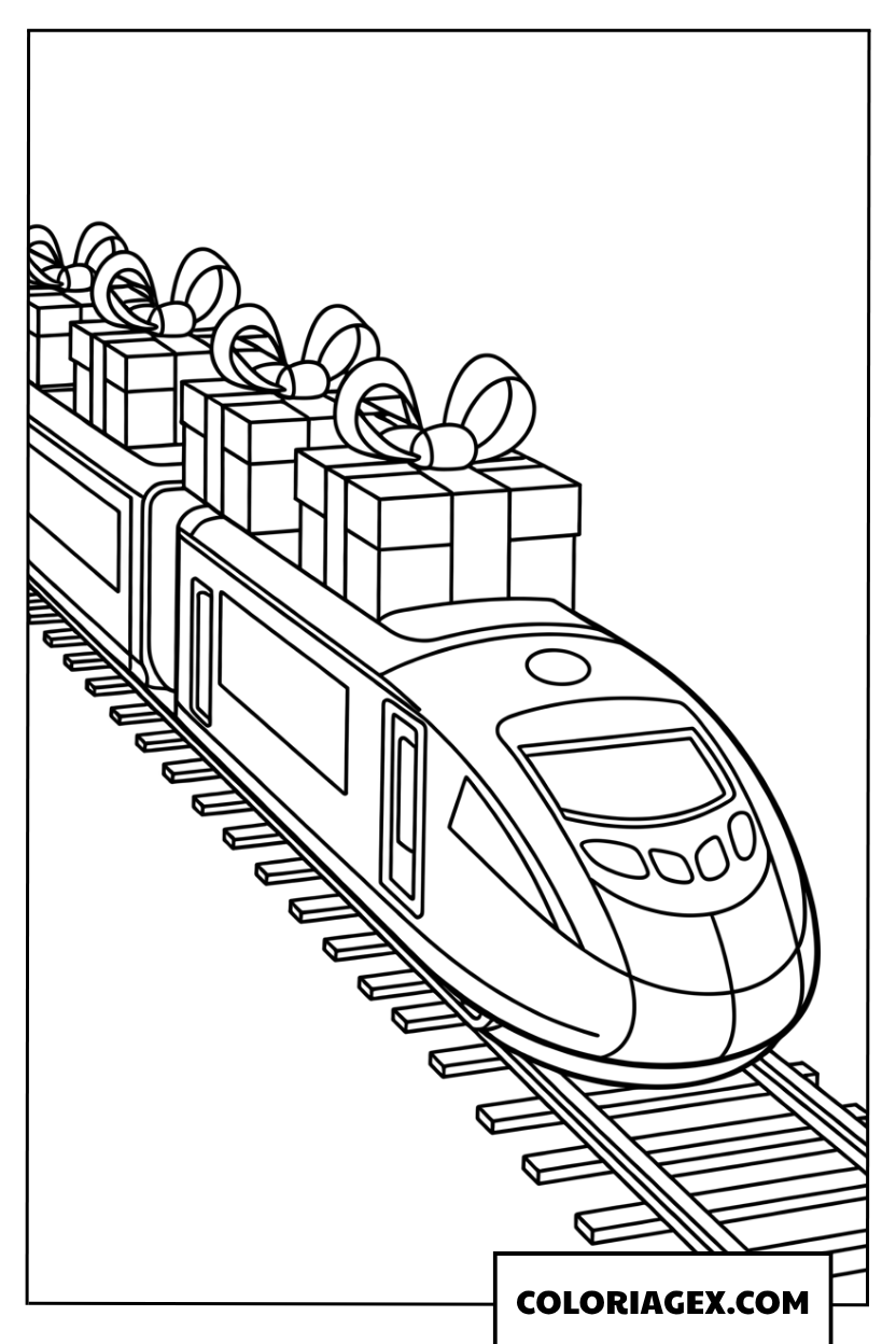 Coloriage Train futuriste transportant des boîtes de cadeaux de Noël