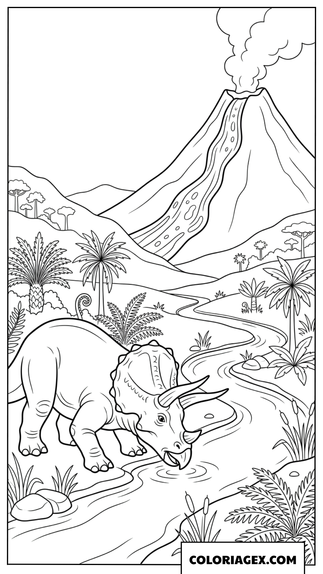 Coloriage Triceratops au bord de la riviere et volcan actif
