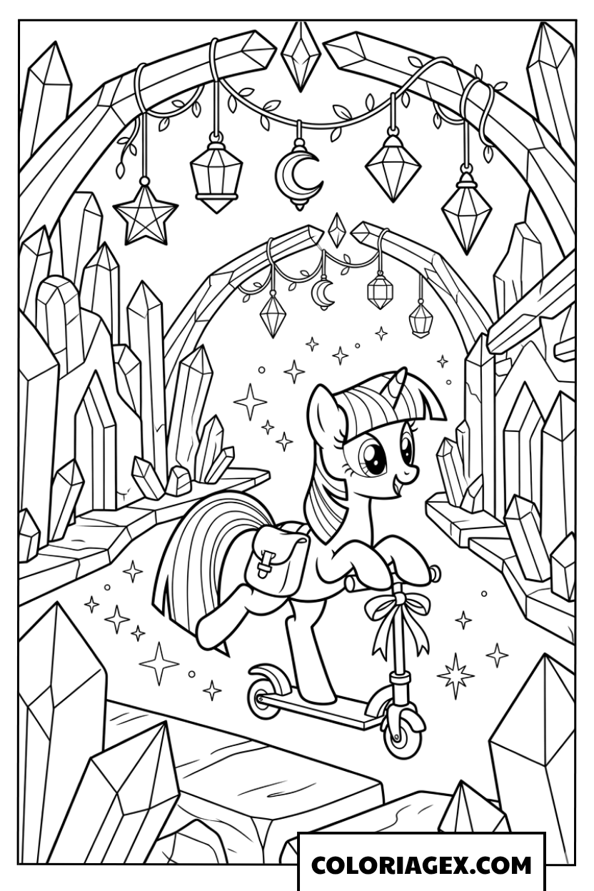 Coloriage Twilight Sparkle en scooter dans la mine
