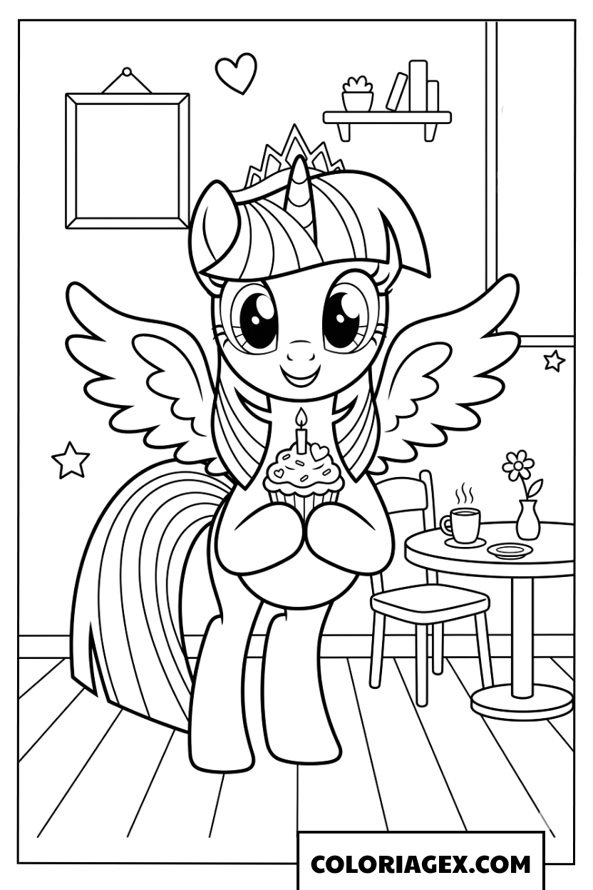 Coloriage Twilight Sparkle tenant un cupcake