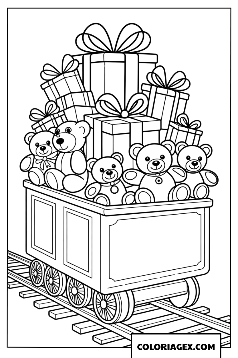 Coloriage Un wagon de train rempli d ours en peluche et de cadeaux