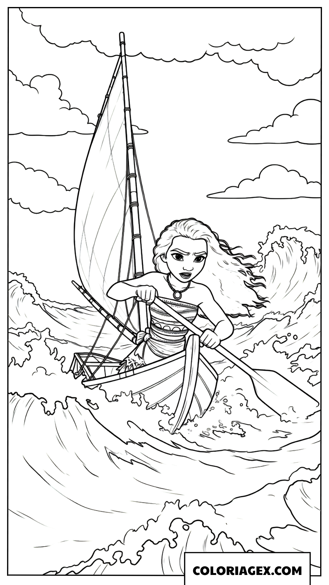 Coloriage Vaiana affrontant les vagues