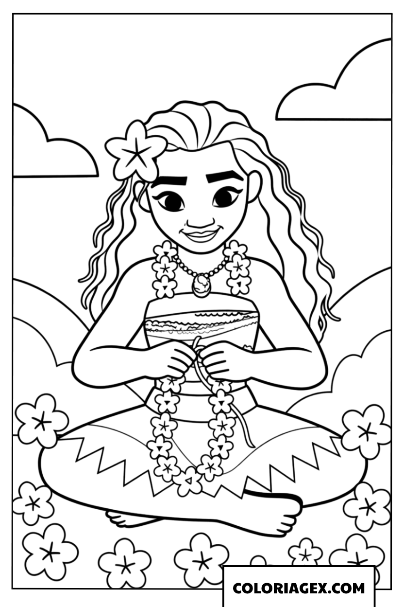 Coloriage Vaiana avec une couronne de fleurs
