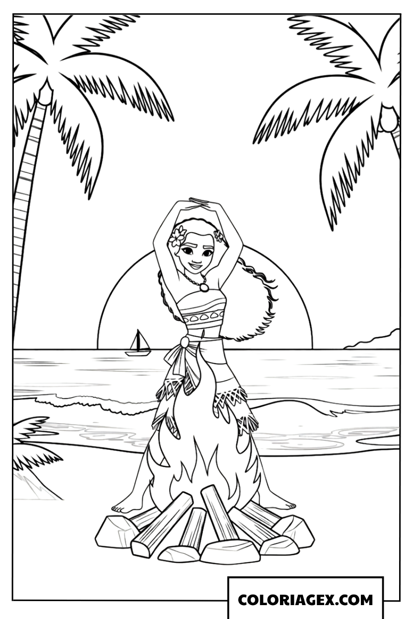 Coloriage Vaiana dansant au coucher du soleil