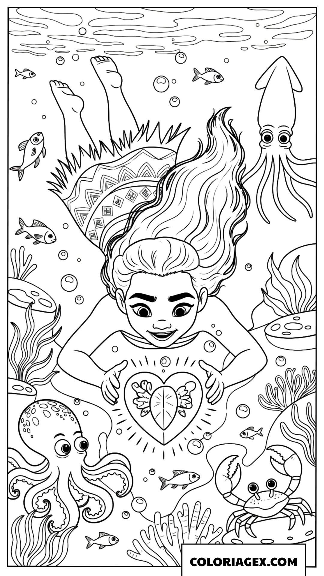 Coloriage Vaiana plongeant sous l'océan