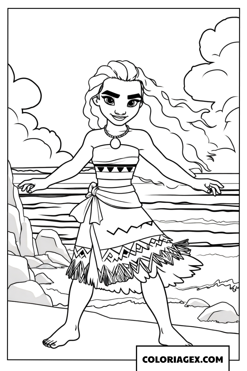Coloriage Vaiana sur la plage