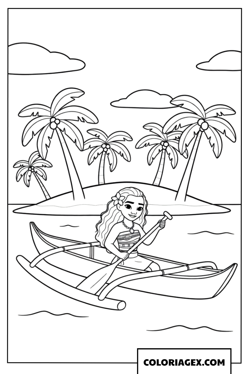 Coloriage Vaiana sur son canoë