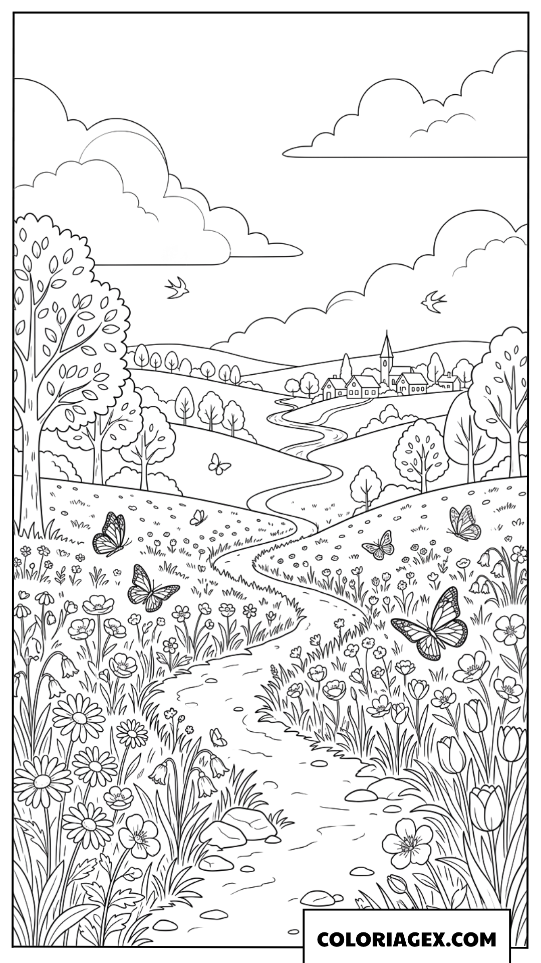 Coloriage Vallée Fleurie Paisible du Printemps