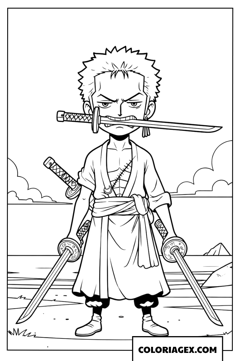 Coloriage Zoro et son style à trois sabres