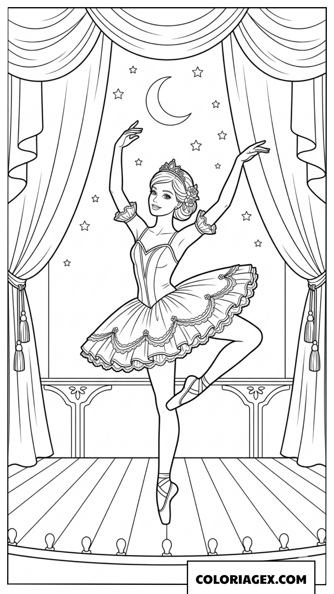 Coloriage ballerine Barbie sur scène sous la lune