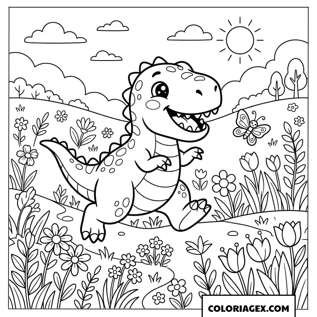 Coloriage bebe T Rex joyeux dans un jardin de fleurs au soleil
