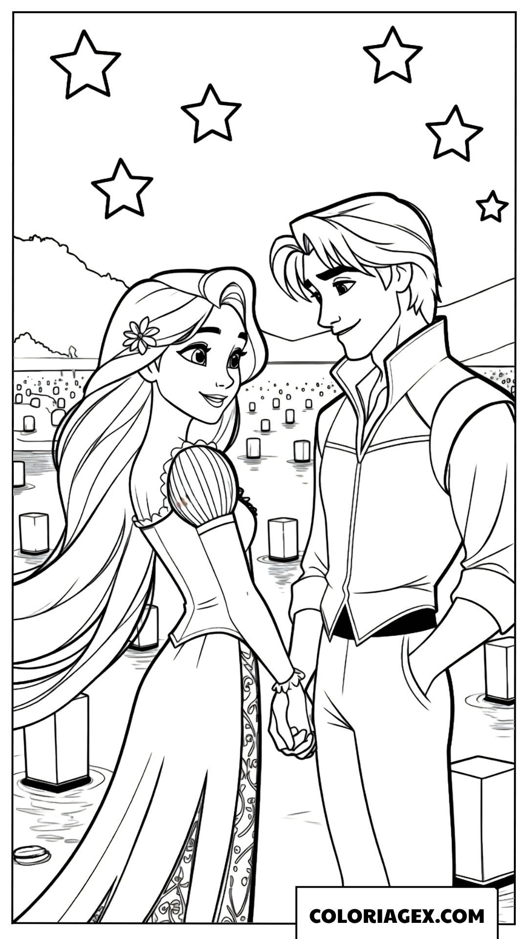 Coloriage couple sous un ciel d'étoiles et de lanternes
