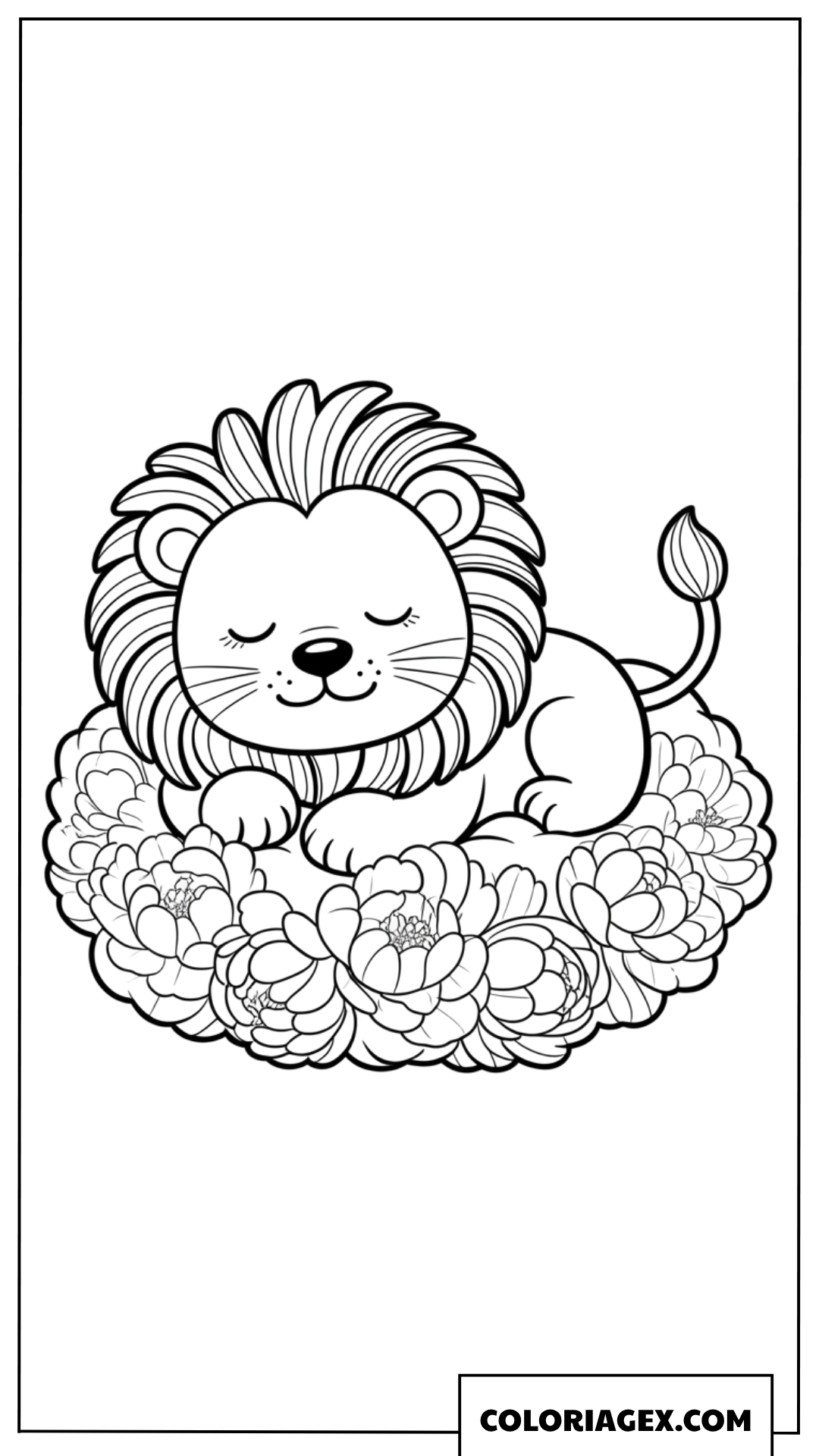 Coloriage d un adorable lionceau qui dort sur un lit de fleurs