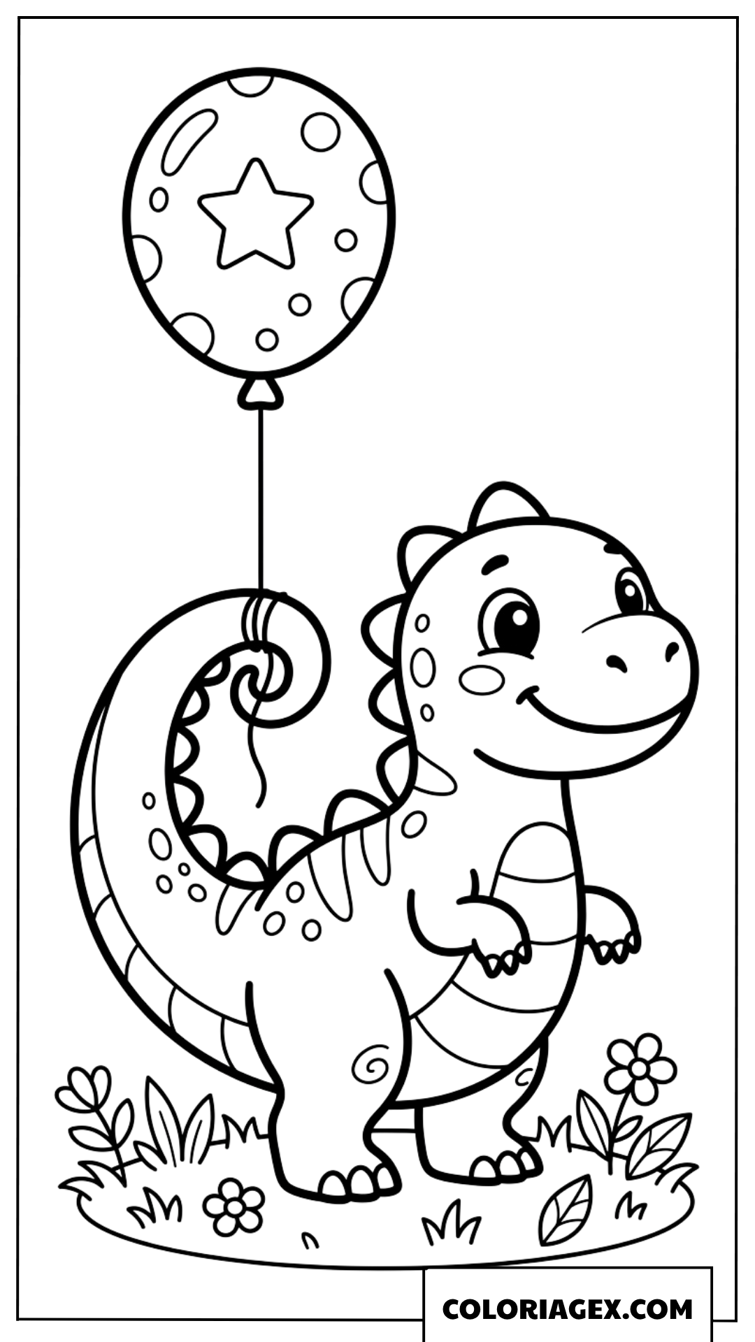 Coloriage d un adorable petit dinosaure avec un ballon etoile amical