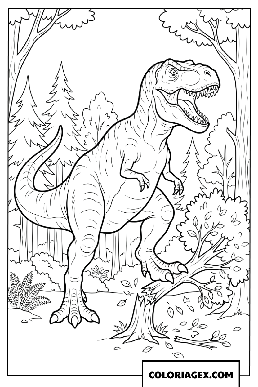 Coloriage d un grand T Rex rugissant dans une foret de pins prehistorique