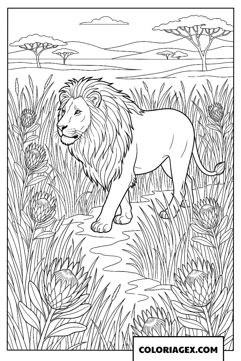 Coloriage d un grand lion marchant au milieu des fleurs sauvages
