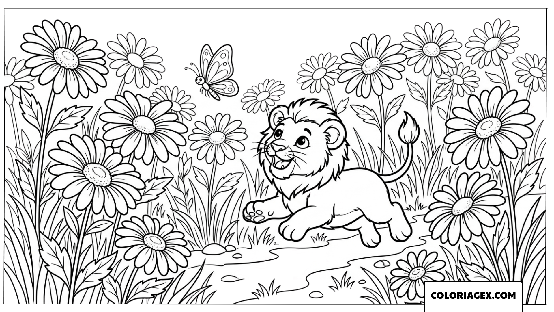 Coloriage d un lionceau joyeux qui court apres un papillon