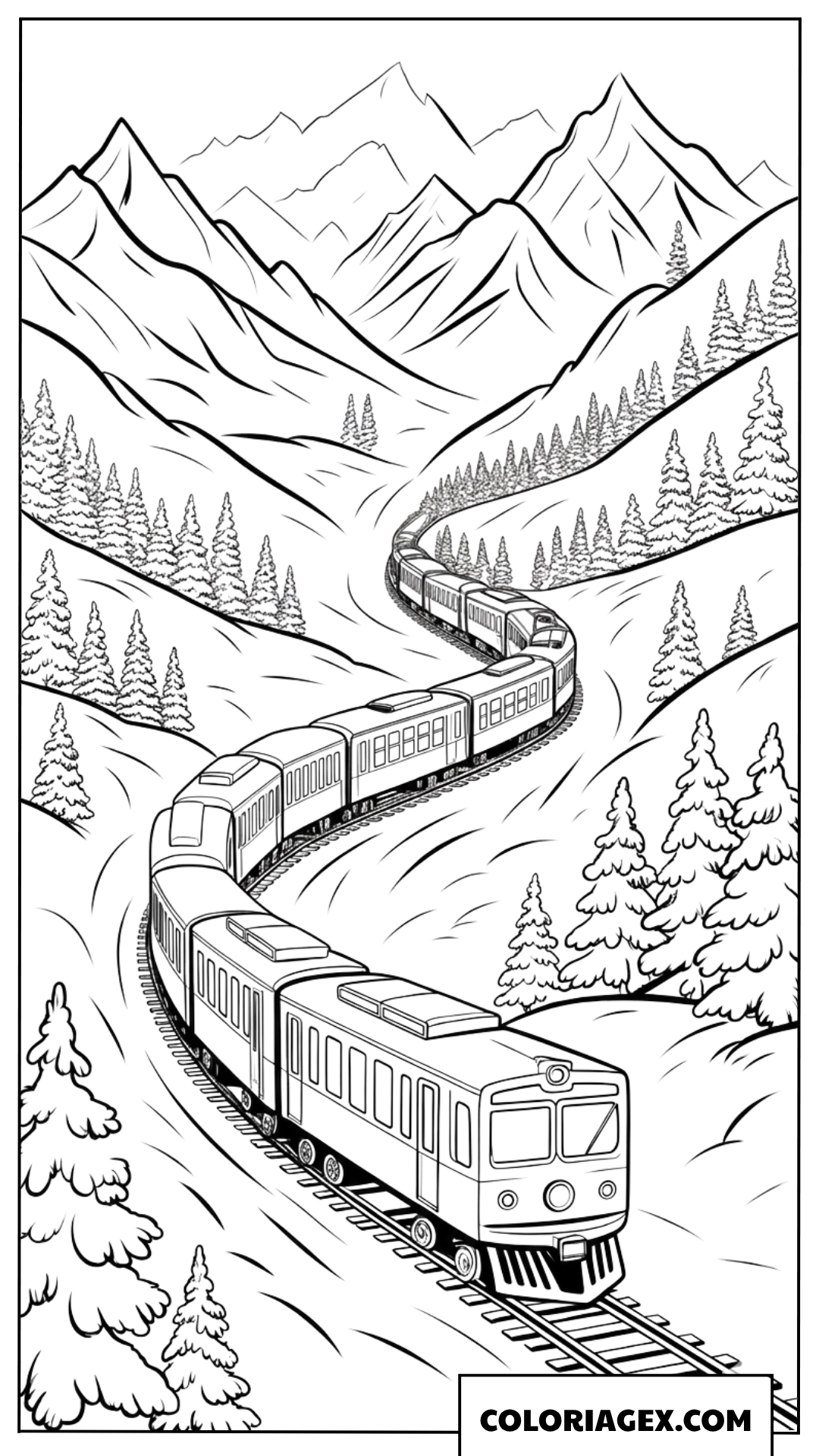Coloriage d un long train serpentant au milieu des montagnes enneigées