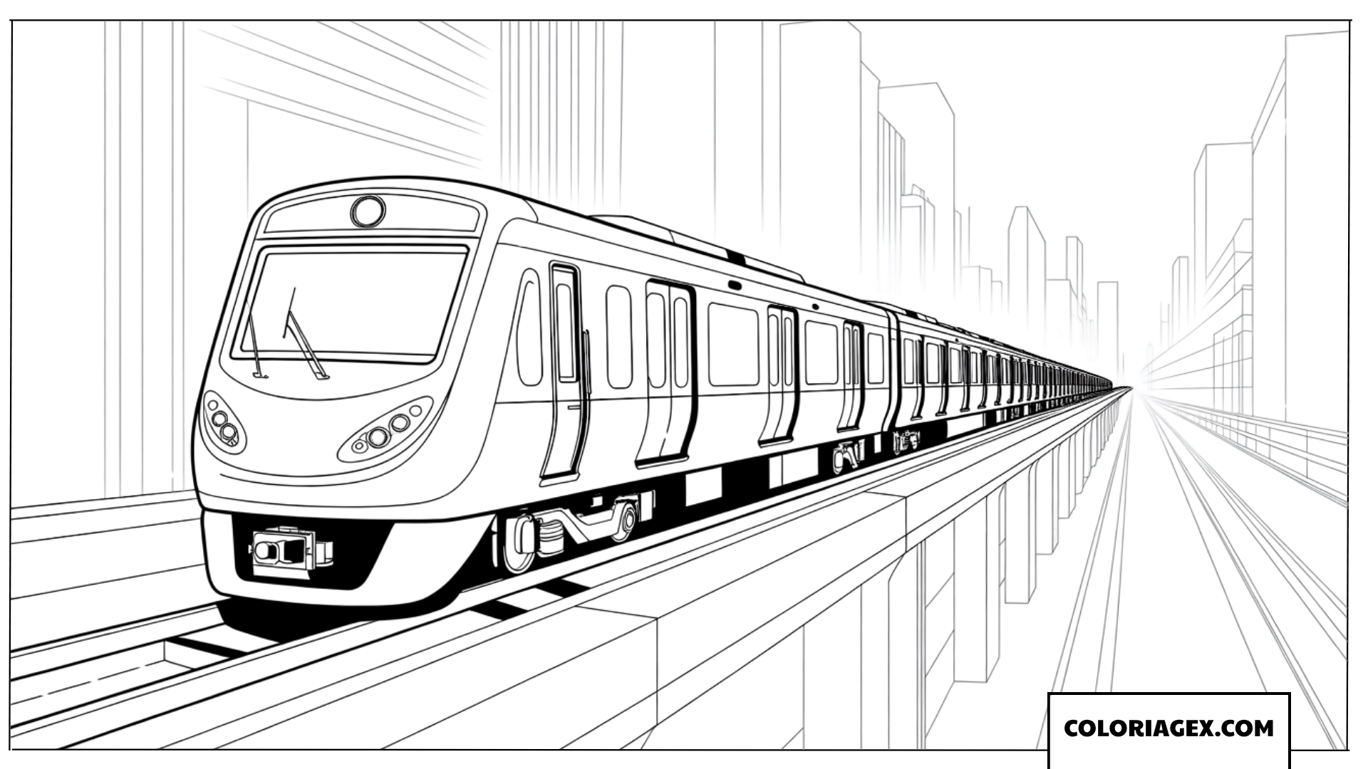 Coloriage d un métro aérien passant devant les gratte ciels