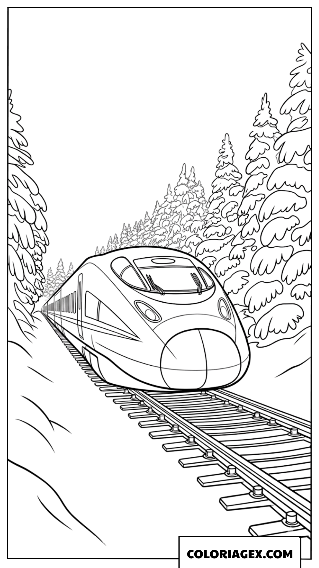 Coloriage d un train circulant dans une forêt enneigée