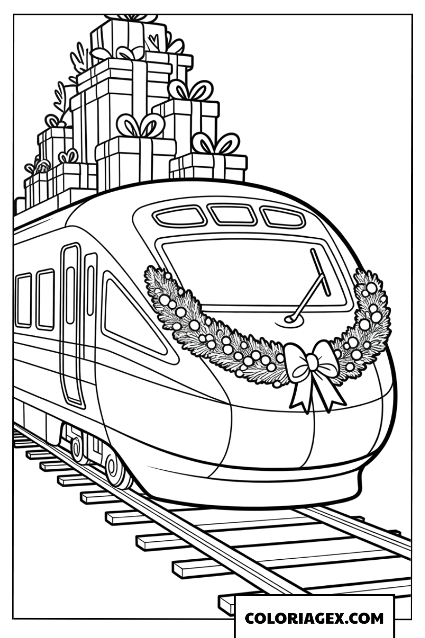 Coloriage d un train de Noel transporte des cadeaux