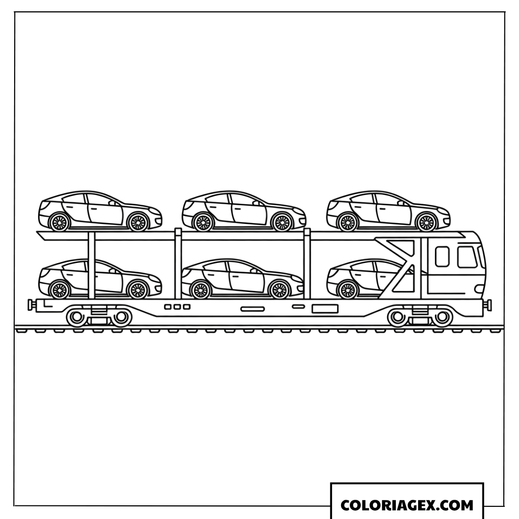 Coloriage d un train de fret transportant des voitures
