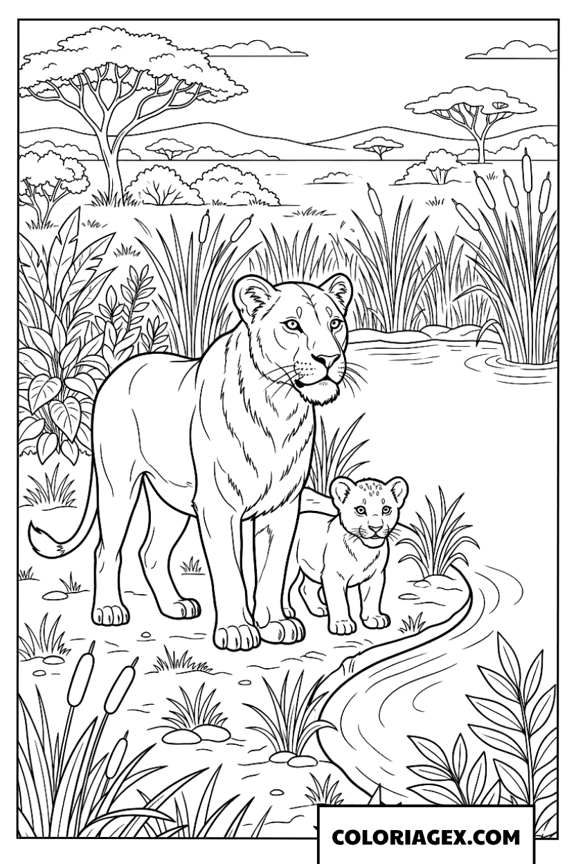 Coloriage d une lionne et son petit lionceau pres de l eau