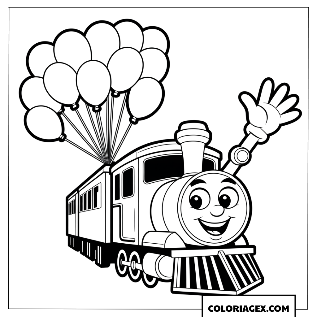 Coloriage d une locomotive amicale tenant un bouquet de ballons