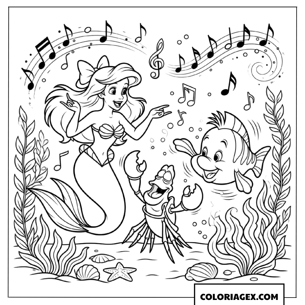 Coloriage d'Ariel avec Sébastien et Polochon chantant sous la mer