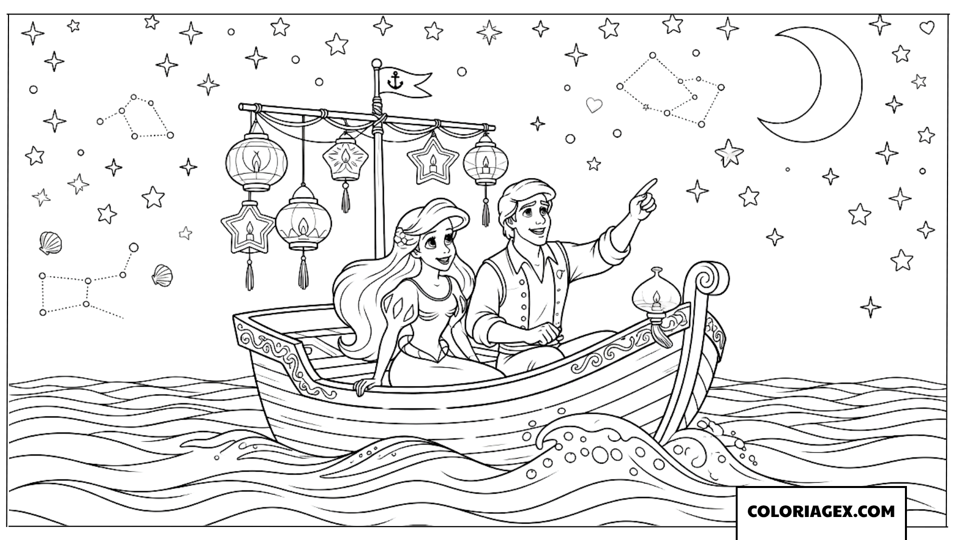 Coloriage d'Ariel et Éric admirant les étoiles en bateau