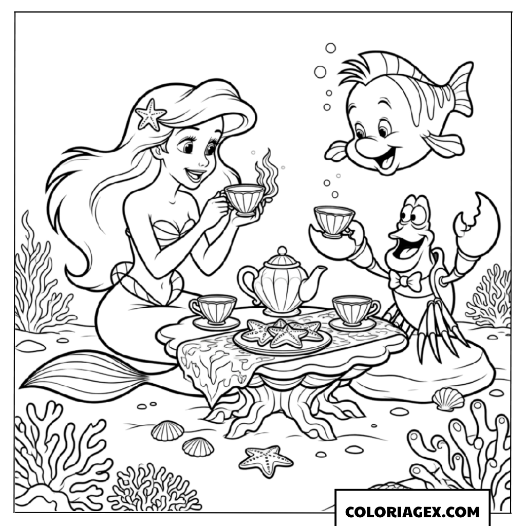 Coloriage d'Ariel prenant le thé avec Polochon et Sébastien