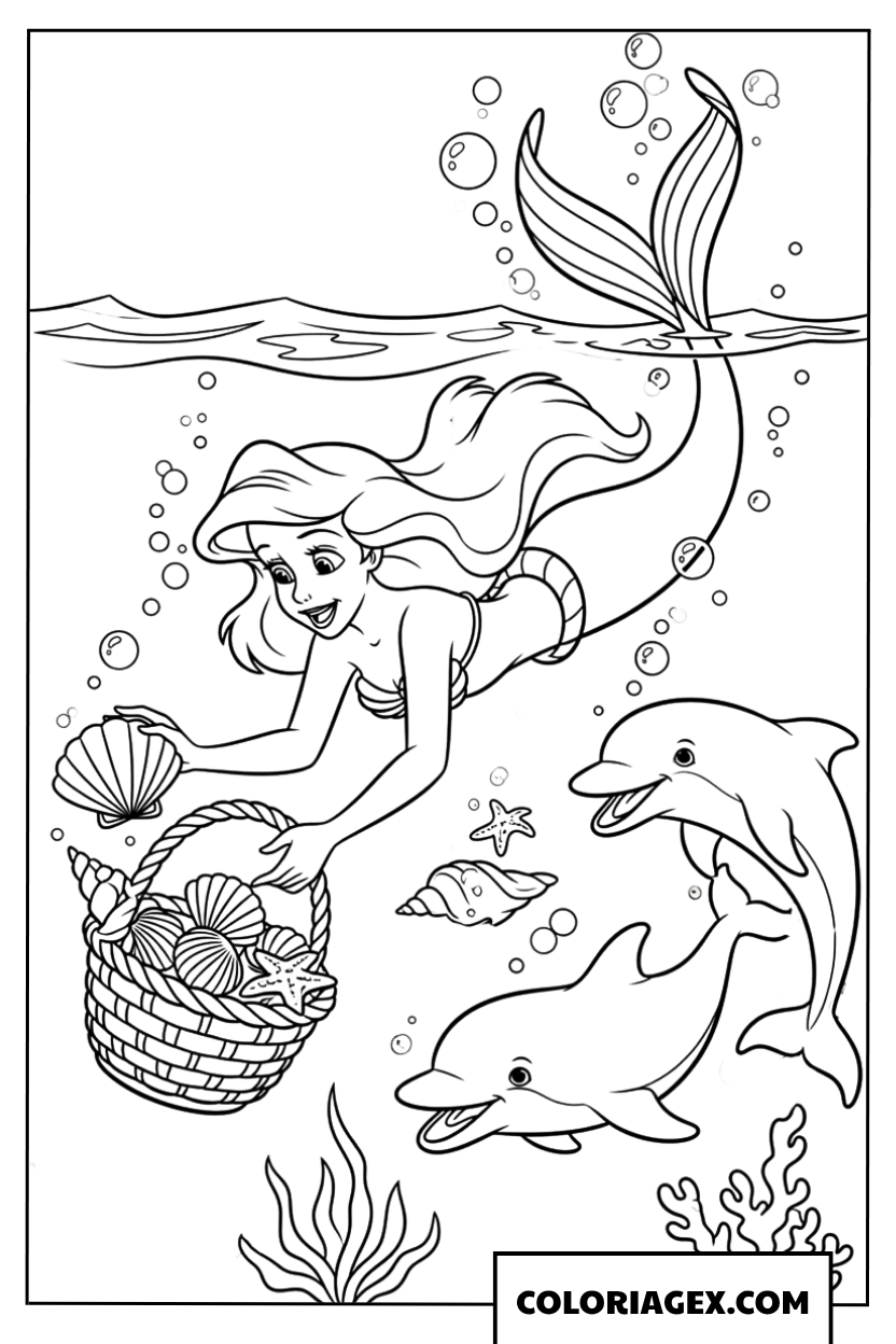 Coloriage d'Ariel ramassant des coquillages avec des dauphins