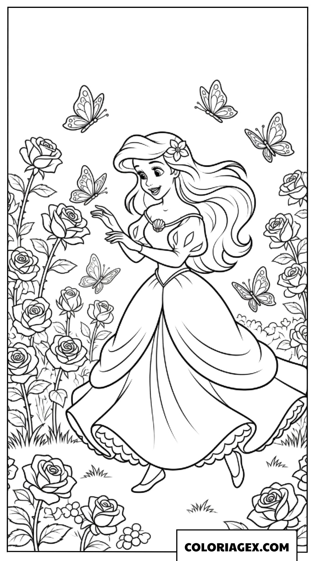 Coloriage d'Ariel se promenant dans un jardin de roses