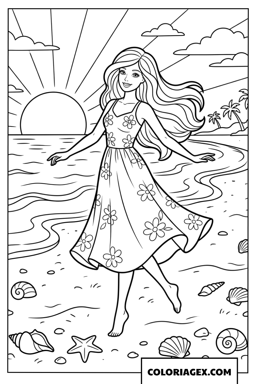 Coloriage de Barbie dansant sur la plage au coucher du soleil