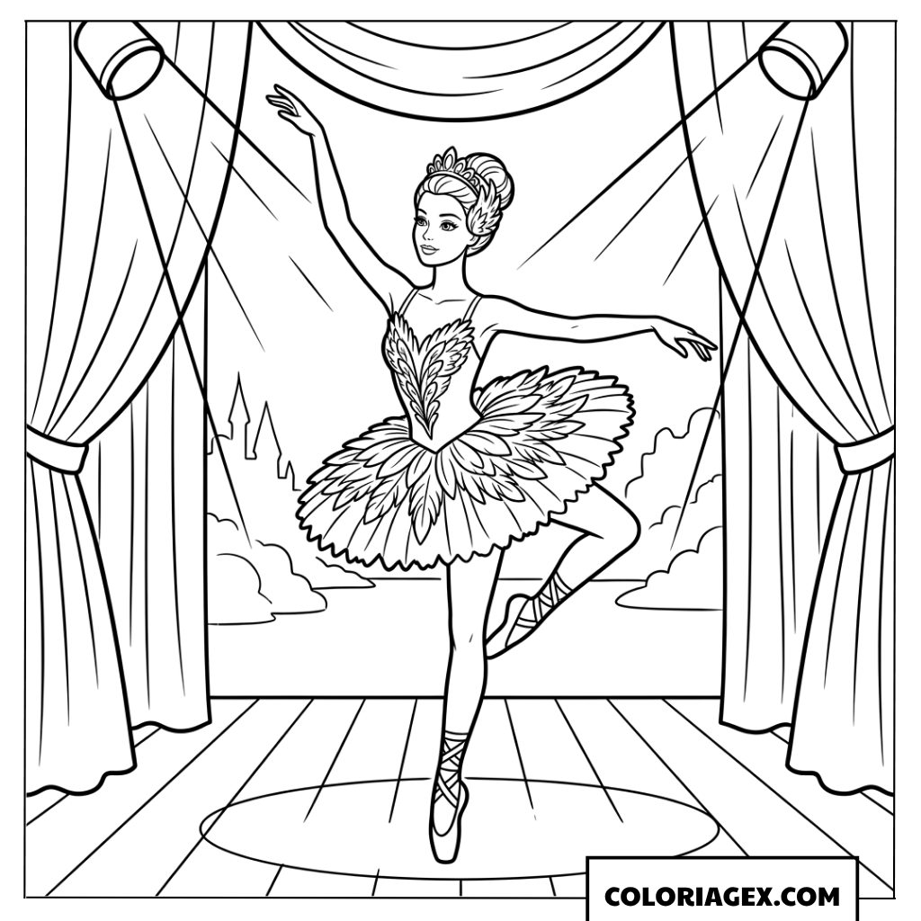 Coloriage de Barbie en danseuse du Cygne Noir sous les spotlights