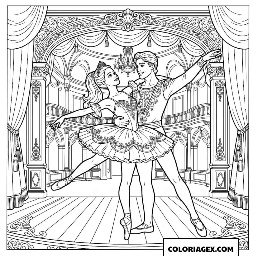 Coloriage de Barbie et Ken en spectacle de ballet sur scène