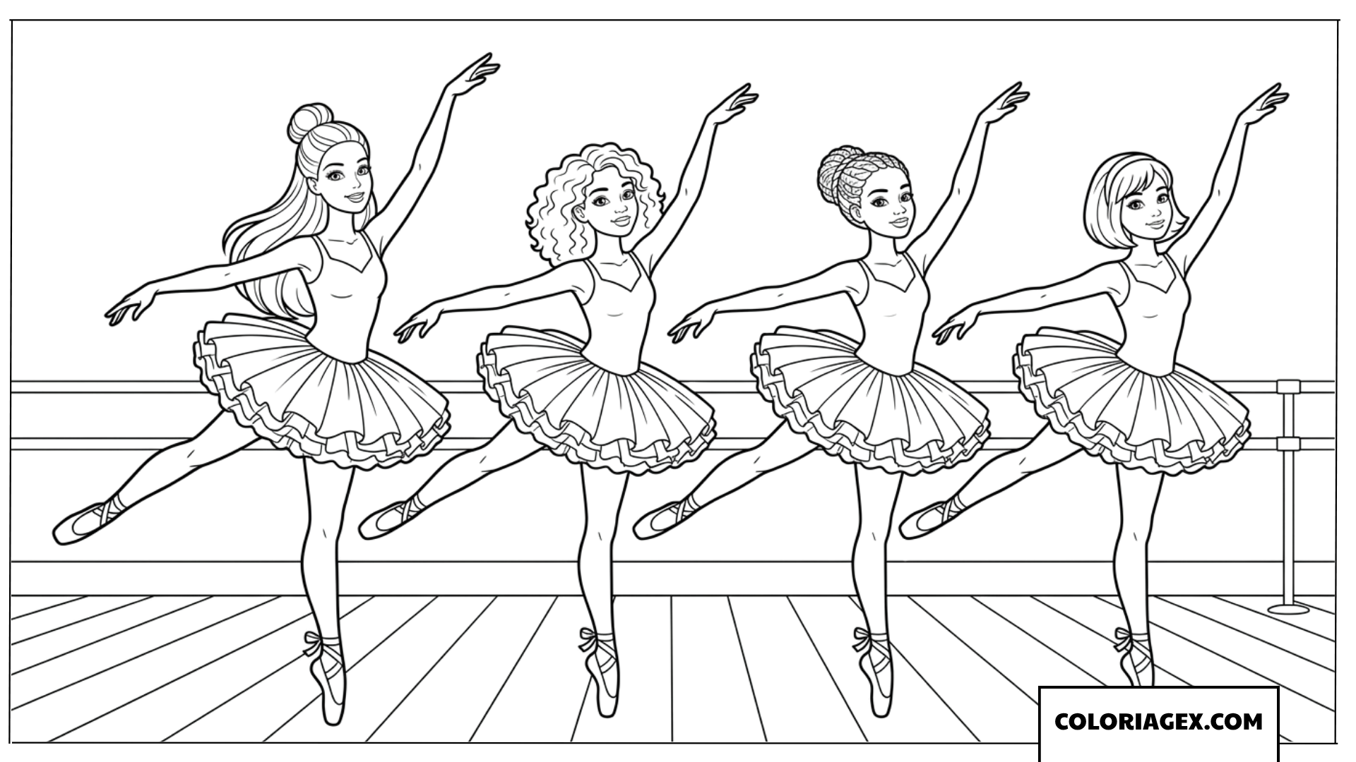 Coloriage de Barbie et ses amies s'entraînant à la barre de danse