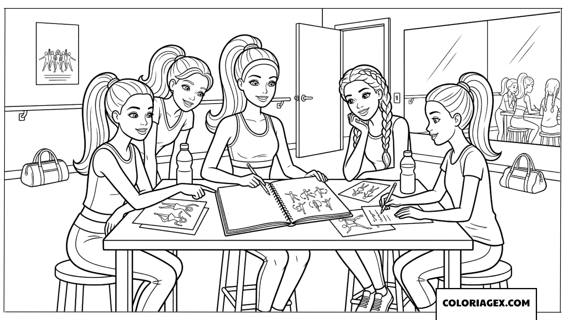 Coloriage de Barbie et son groupe étudiant une chorégraphie