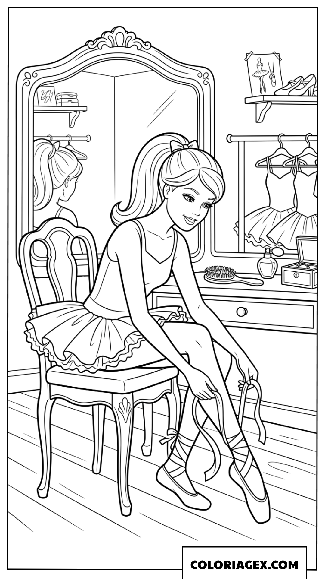 Coloriage de Barbie nouant ses chaussons de danse dans la loge