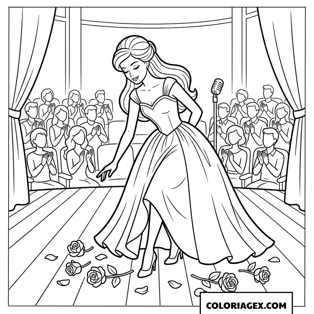 Coloriage de Barbie recevant des fleurs et des applaudissements