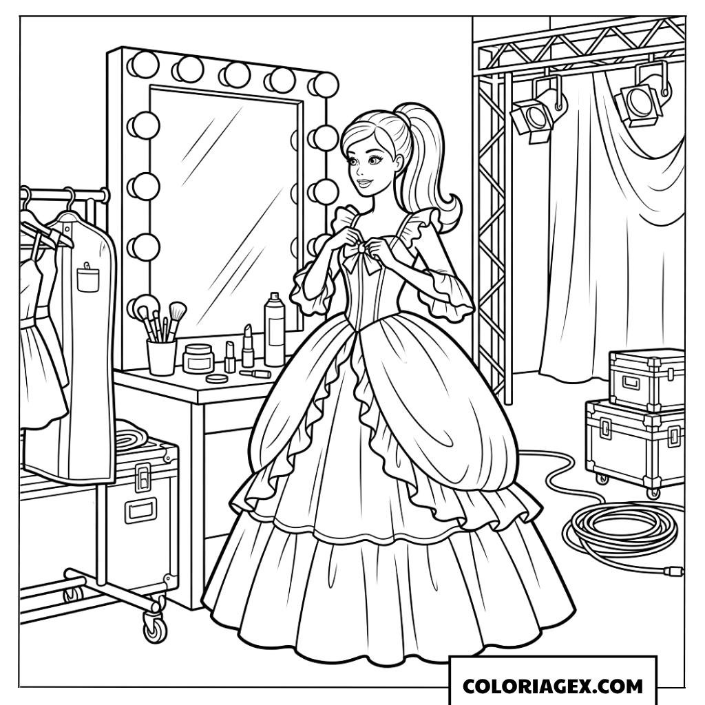 Coloriage de Barbie se préparant pour le spectacle en coulisse