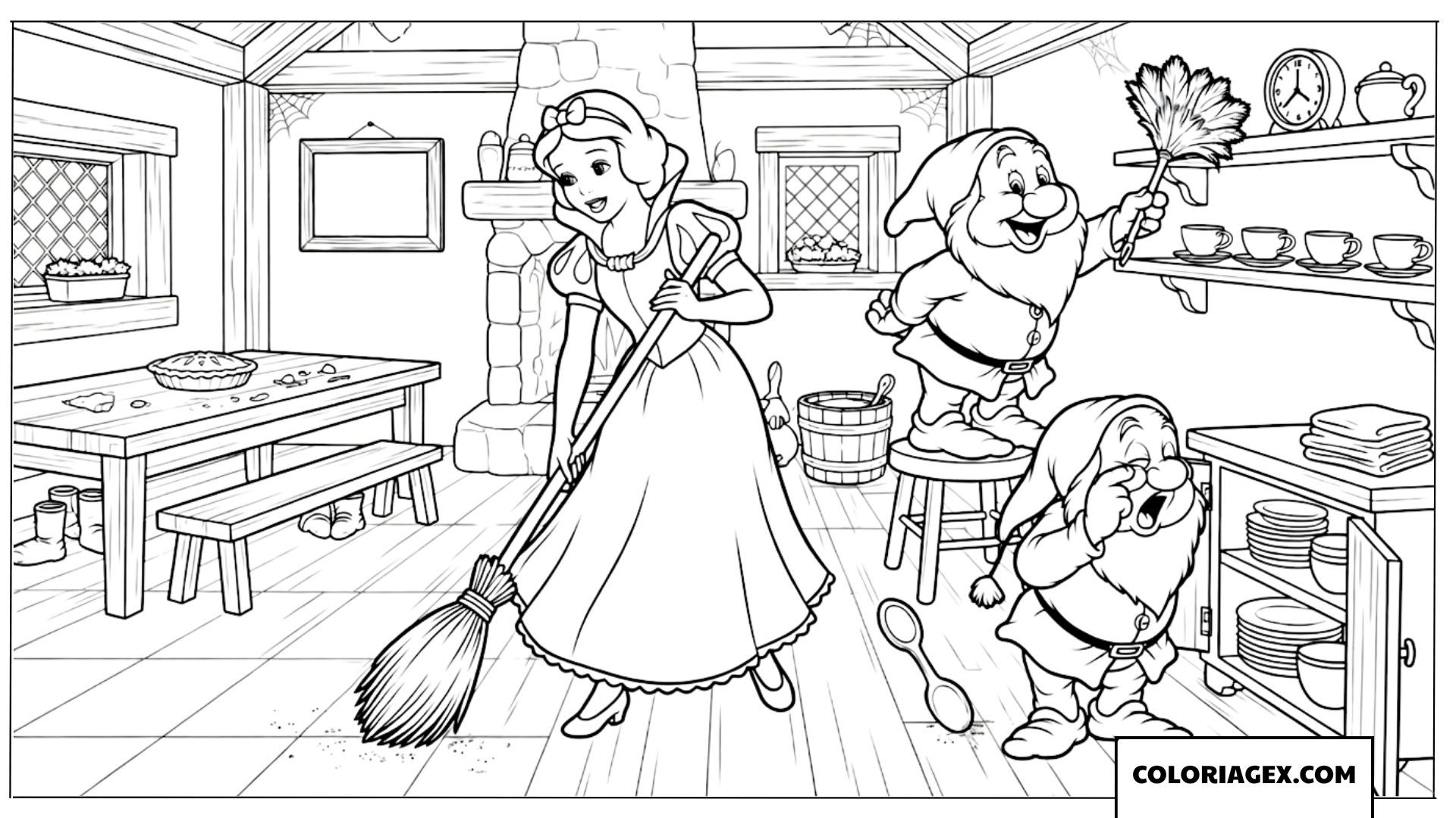Coloriage de Blanche-Neige balayant et un nain nettoyant