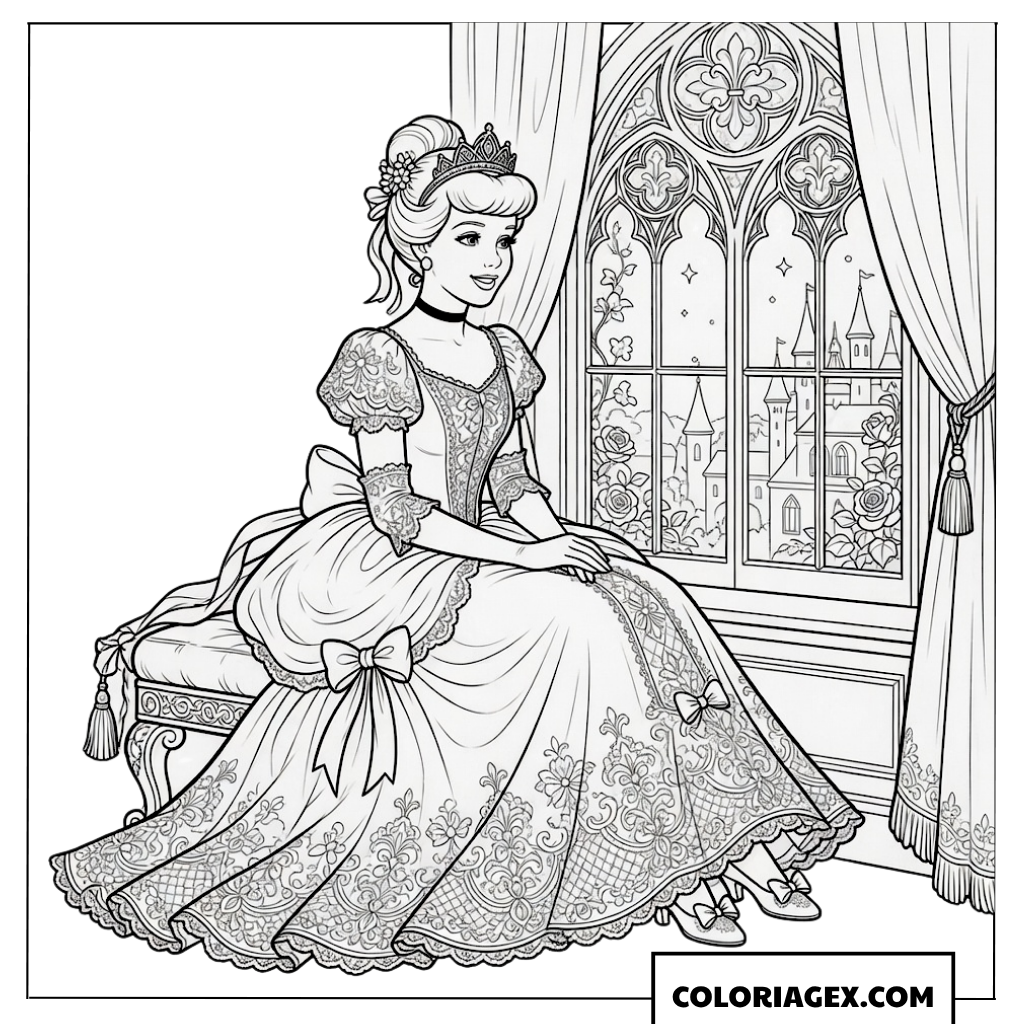 Coloriage de Cendrillon à la fenêtre admirant le château lointain