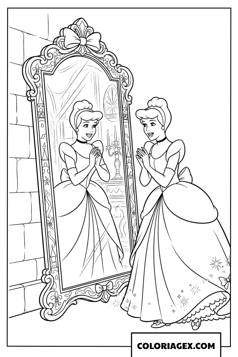 Coloriage de Cendrillon admirant sa robe devant un grand miroir