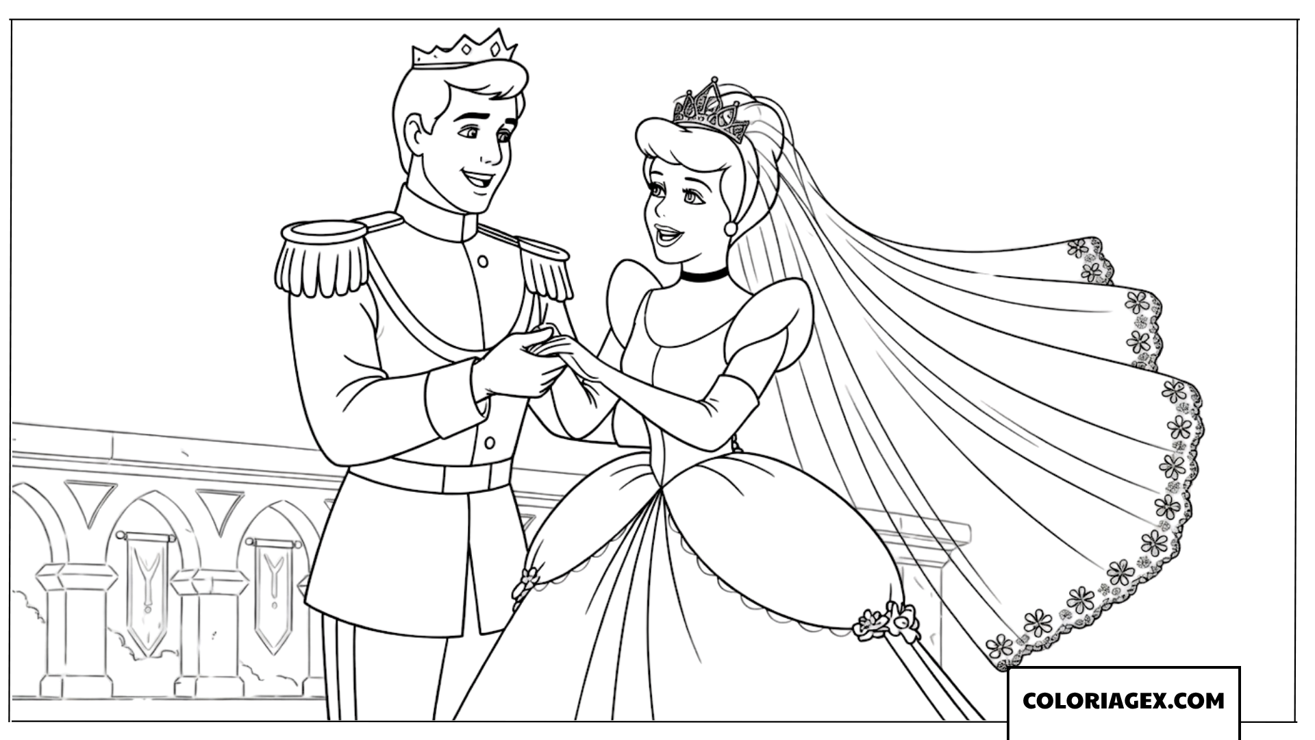 Coloriage de Cendrillon et du Prince se tenant la main le jour du mariage